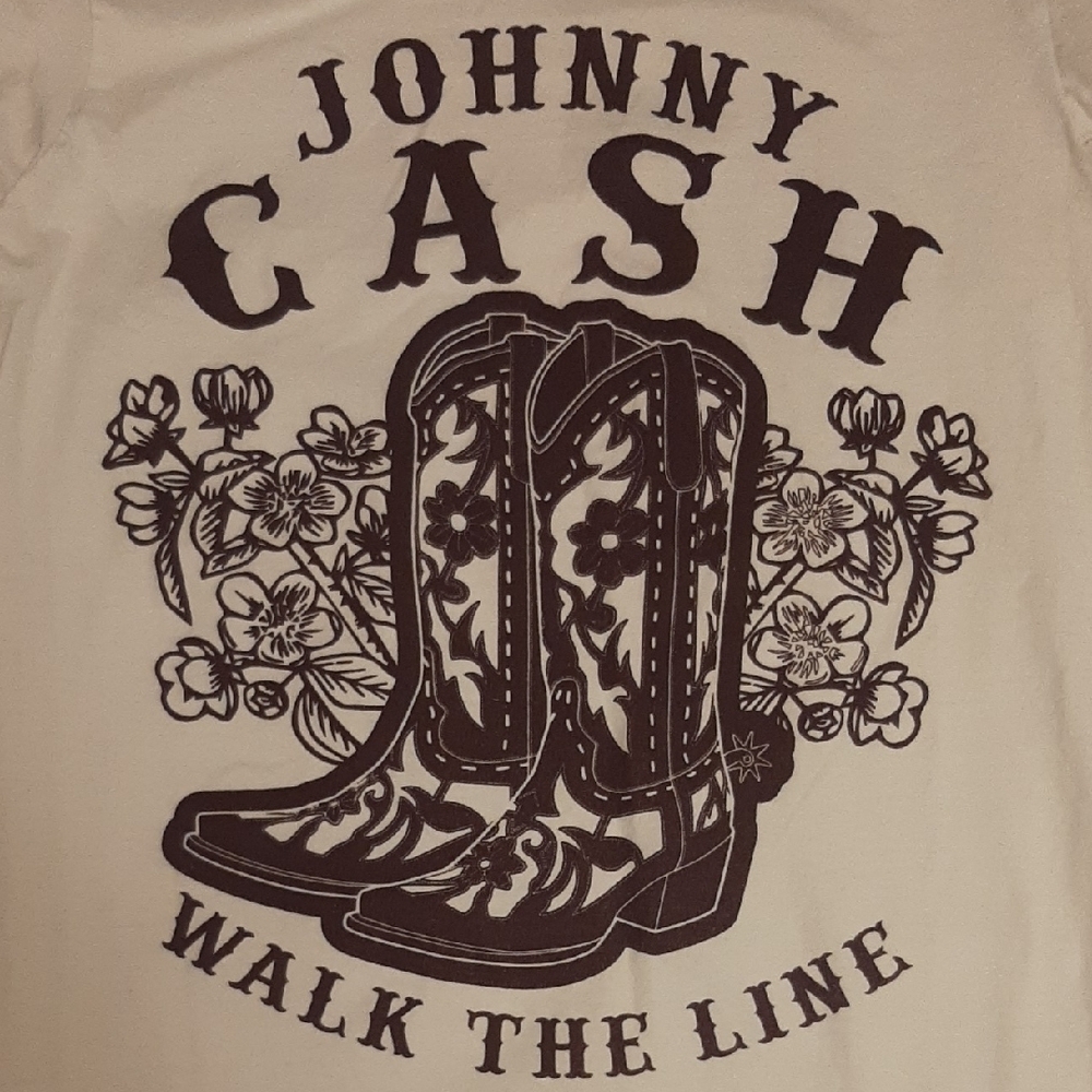 Johnny🎸Cash "WALK THE LINE" White & Black Graphic Tee COTTON Sz S UNISEX